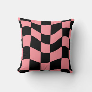Wavy Peach and Black Checkerboard Pattern Pillow 