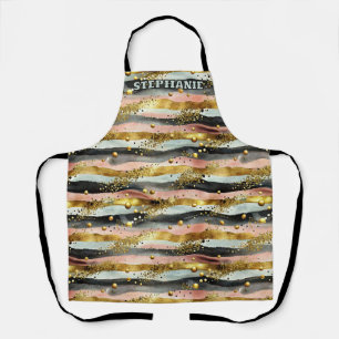Wavy Pink & Black Stripes with Gold Glitter Apron