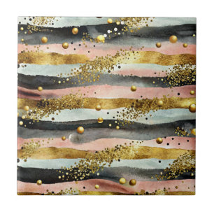 Wavy Pink & Black Stripes with Gold Glitter Ceramic Tile