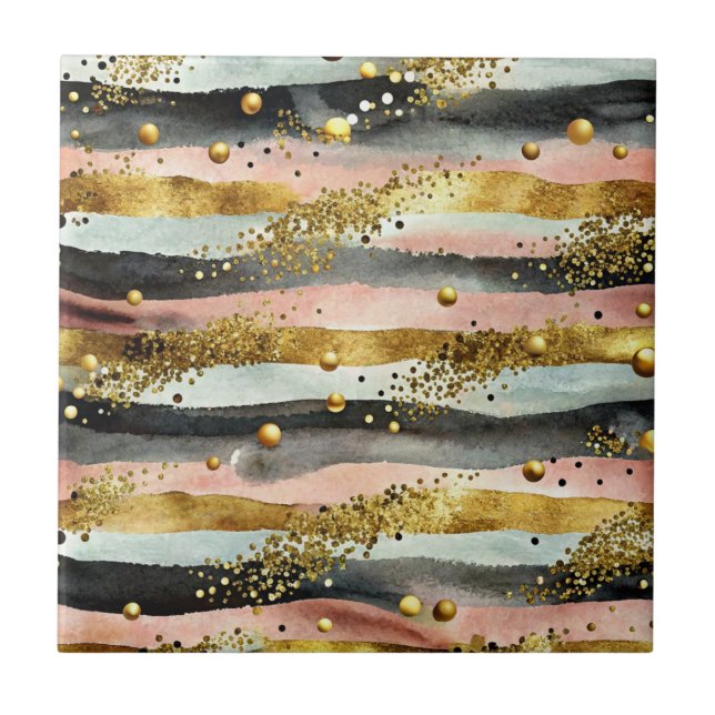 Wavy Pink & Black Stripes with Gold Glitter Ceramic Tile (Front)