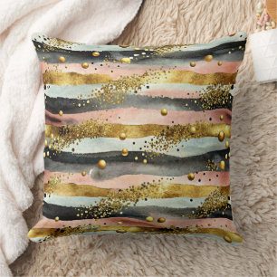 Wavy Pink & Black Stripes with Gold Glitter Cushion