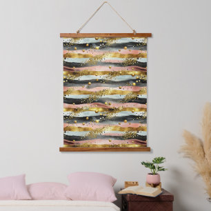 Wavy Pink & Black Stripes with Gold Glitter Hanging Tapestry