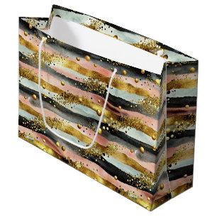 Wavy Pink & Black Stripes with Gold Glitter Large Gift Bag