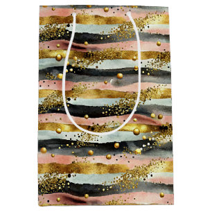 Wavy Pink & Black Stripes with Gold Glitter Medium Gift Bag
