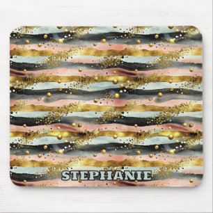 Wavy Pink & Black Stripes with Gold Glitter Mouse Pad