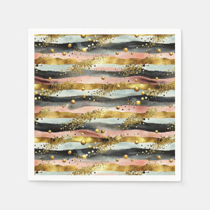 Wavy Pink & Black Stripes with Gold Glitter Napkin