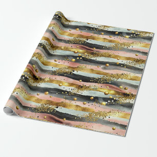 Wavy Pink & Black Stripes with Gold Glitter Wrapping Paper