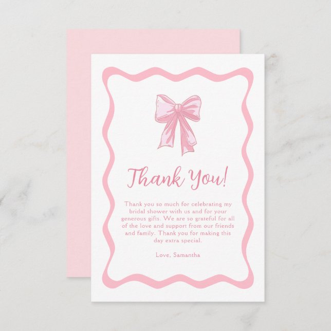 Wavy Pink Bow Tying the Knot Bridal Shower Thank You Card (Front/Back)