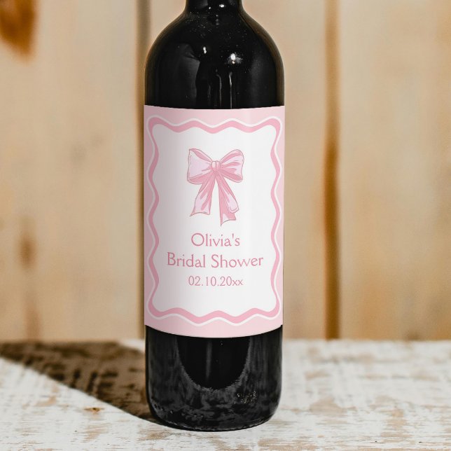 Wavy Pink Bow Tying the knot Bridal Shower Wine Label (Creator Uploaded)