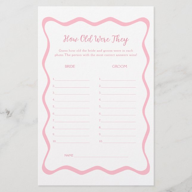  Wavy Pink Bridal Shower Guess the Age Game (Front)