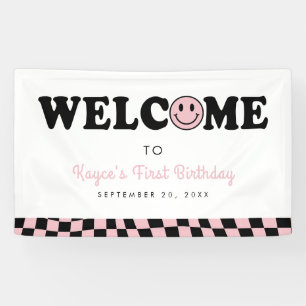 Wavy Pink Preppy Smile Girl 1st Birthday Welcome Banner