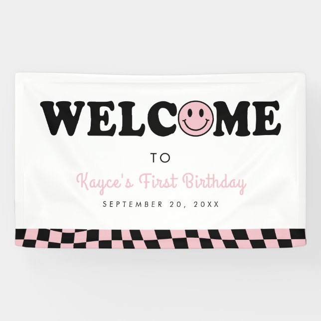 Wavy Pink Preppy Smile Girl 1st Birthday Welcome Banner (Horizontal)