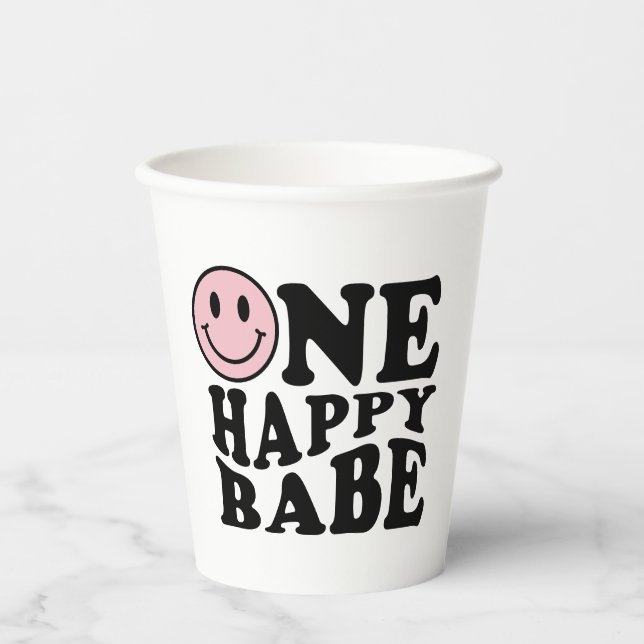 Wavy Pink Preppy Smile One Happy Babe Paper Cups (Front)