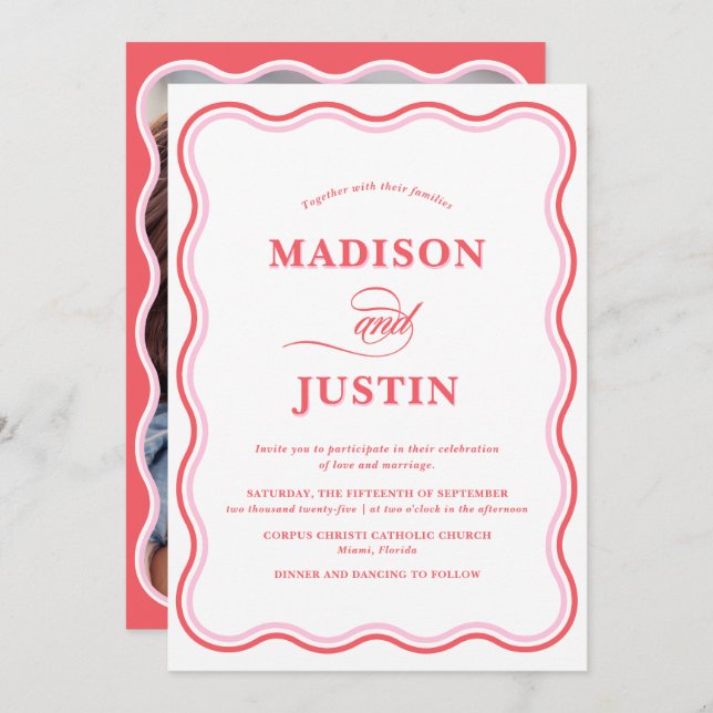 Wavy Pink Red Wedding Photo  Invitation (Front/Back)
