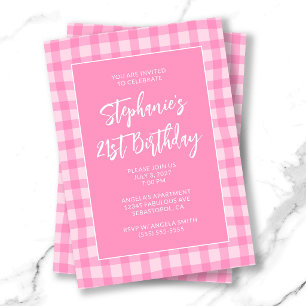 Wavy Pink Summer Gingham Bold 21st Birthday Invitation