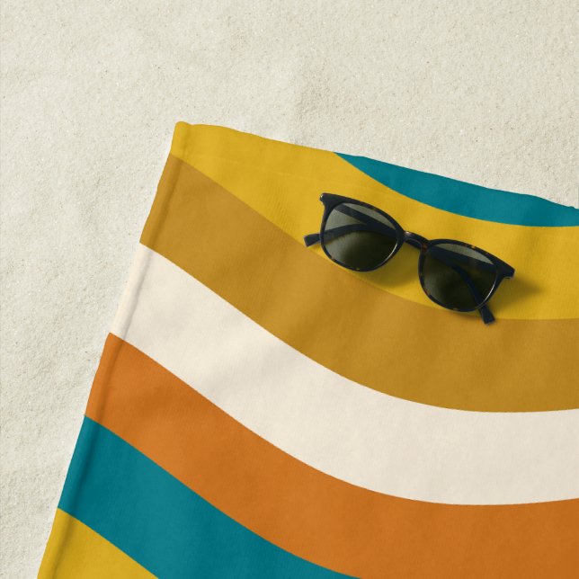 Wavy Pop Stripes Retro Pattern Teal Ochre Mustard Beach Towel (In Situ)