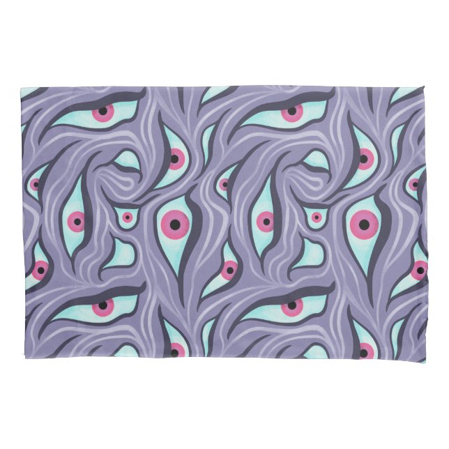 Wavy Psychedelic Horror - Purple Evil Eye Pattern Pillowcase (Front)