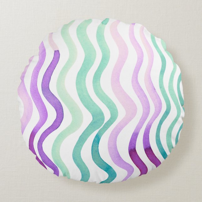 Wavy purple and green watercolor lines  round cushion (Front)