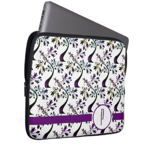 Wavy Rainbow Floral Tree Pattern Initial Monogram Laptop Sleeve