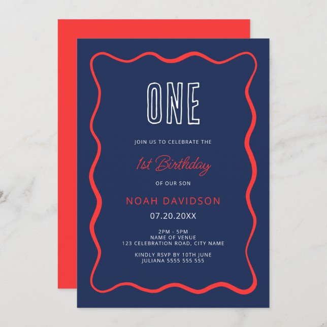  Wavy Red and Blue 1st Birthday Invitation  (Front/Back)