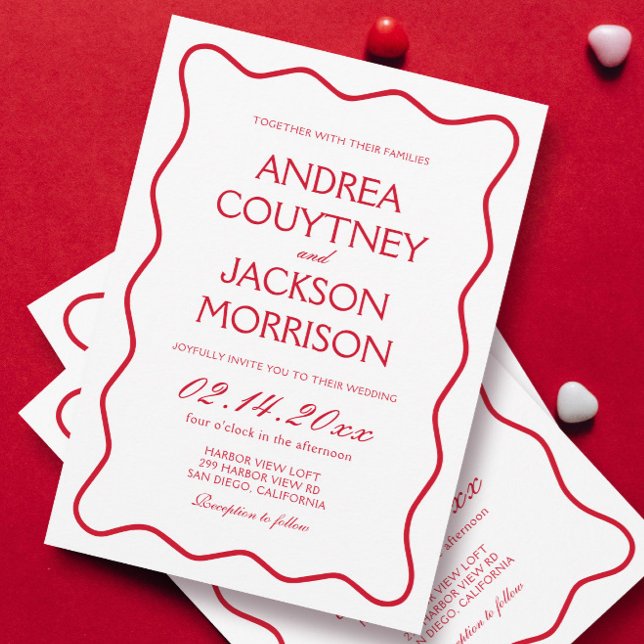 Wavy Red and White Eclectic Wedding Invitation (Creator Uploaded)