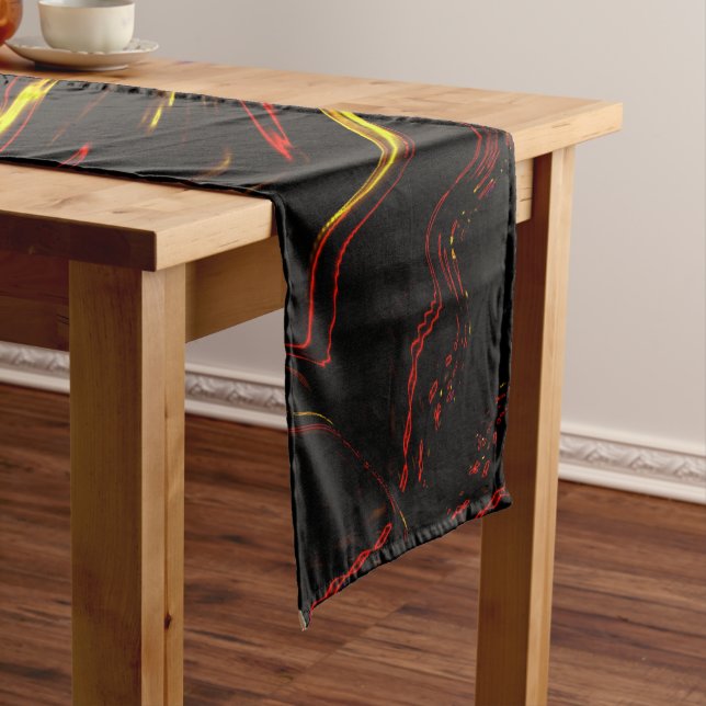 Wavy red gold long strokes on dark background short table runner (In Situ)