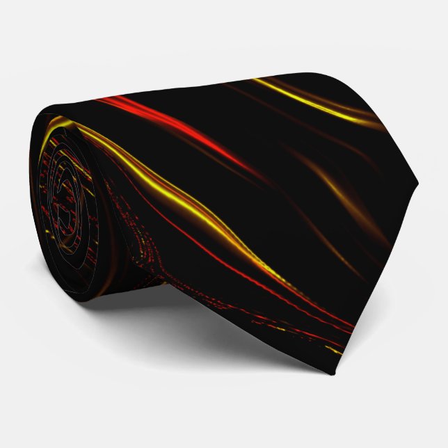 Wavy red gold long traces on black background tie (Rolled)