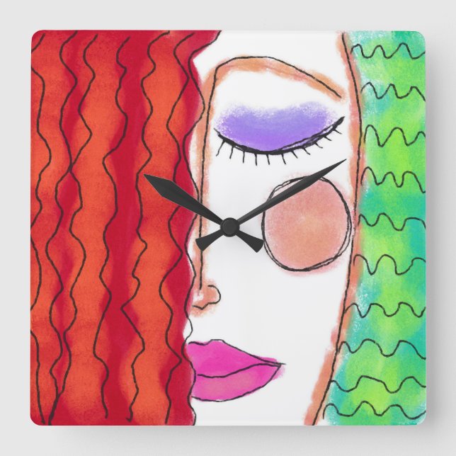 Wavy Red Hair Abstract Art Square Wall Clock (Front)
