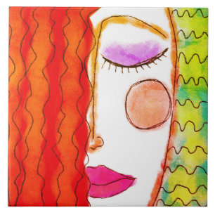 Wavy Red Hair Abstract Digital Painting Ceramic Tile