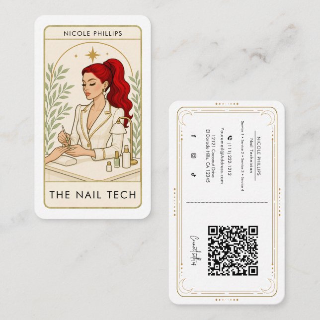 Wavy Red Hair Nail Tech Tarot Social Media QR Business Card (Front/Back)