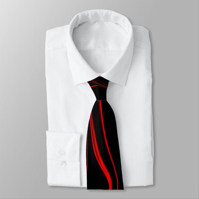 Wavy red long traces in black fund neck tie (Tied)
