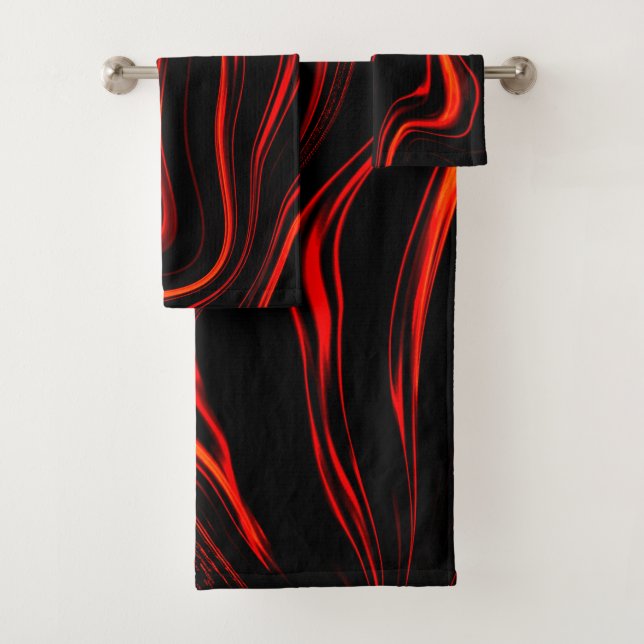 Wavy red long traces over black background bath towel set (Insitu)