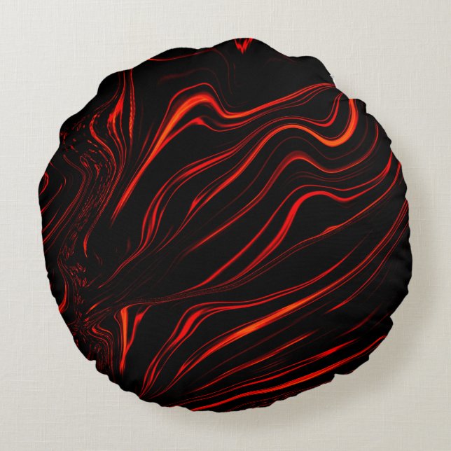 Wavy red long traces over black background round cushion (Back)