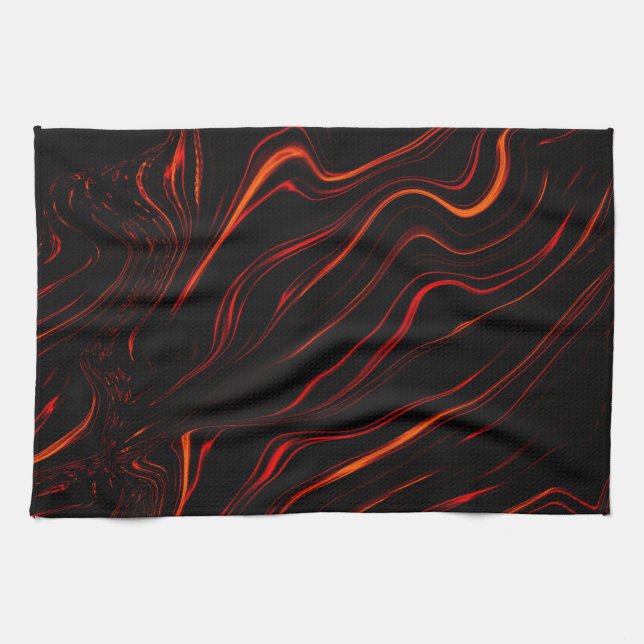Wavy red long traces over black background tea towel (Horizontal)