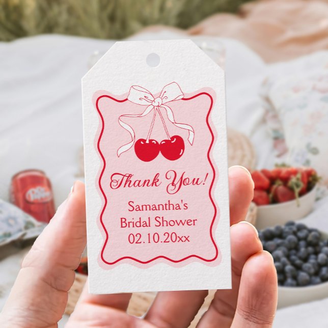 Wavy Red Pink Cherry Bow Bridal Shower Favour Gift Tags (Creator Uploaded)