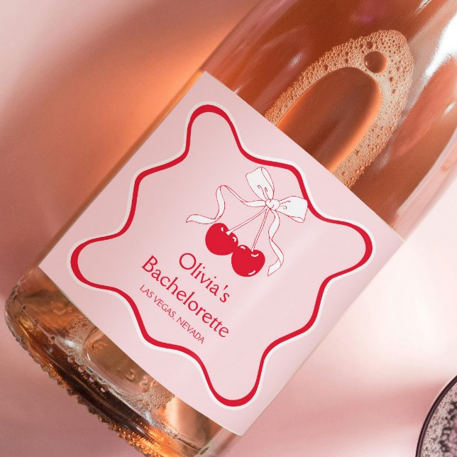 Wavy Red Pink Cherry On Top Bachelorette Champagne Sparkling Wine Label (Creator Uploaded)