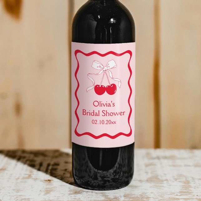 Wavy Red Pink Cherry On Top Bow Bridal Shower Wine Label (Creator Uploaded)