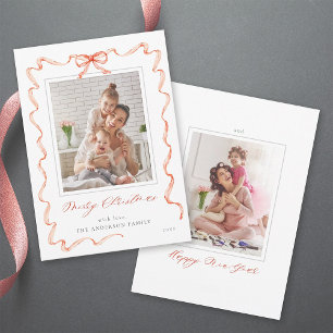 Wavy Red Ribbon Bow Frame 2 photo Christmas  Holiday Card