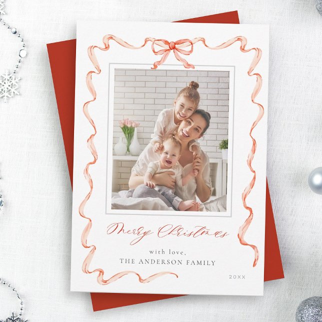 Wavy Red Ribbon Bow Frame photo Christmas  Holiday Card (Creator Uploaded)