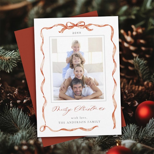 Wavy Red Ribbon Bow Frame photo Christmas  Holiday Card (Creator Uploaded)