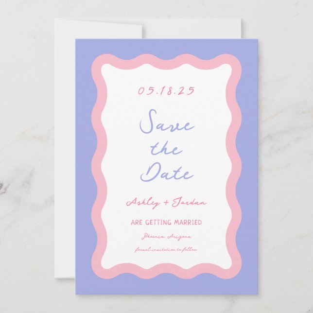 Wavy Retro Colourful Pink Purple Wedding Save The Date (Front)