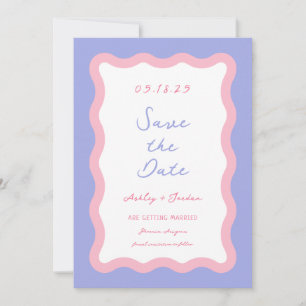 Wavy Retro Colourful Pink Purple Wedding Save The Date