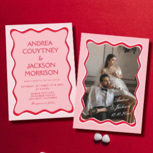 Wavy Retro Photo Red and Pink Wedding  Invitation