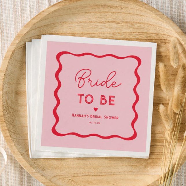 Wavy Retro Pink and Red Bride To Be Bridal Shower Napkin (Creator Uploaded)