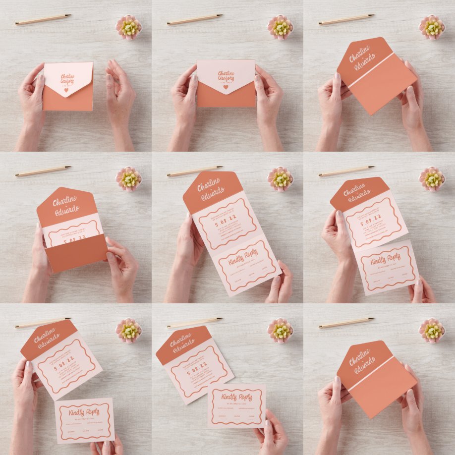 Wavy Retro Pink and Red Handwriting Wedding All In One Invitation