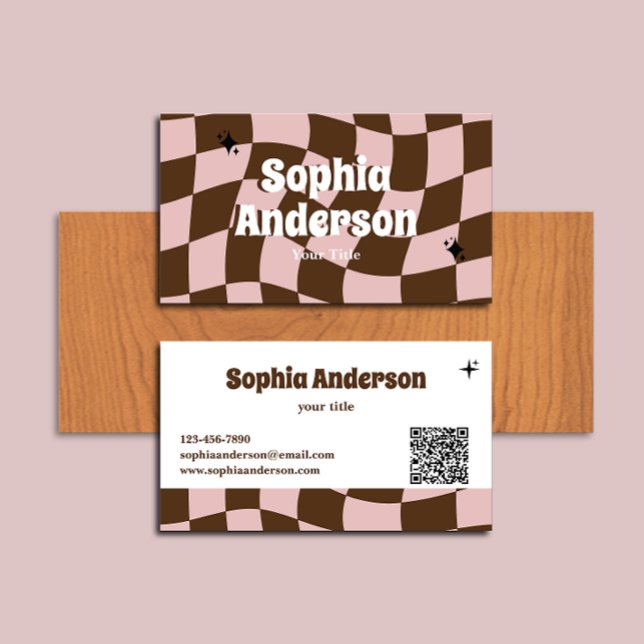 Wavy Retro Pink & Brown Chequered with QR Code     Business Card (Creator Uploaded)