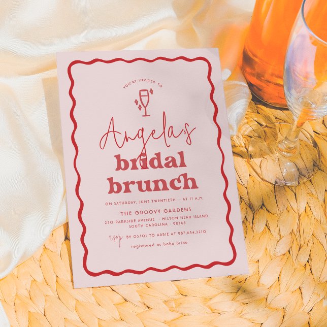 Wavy Retro Pink & Red Groovy Modern Bridal Brunch Invitation (Creator Uploaded)