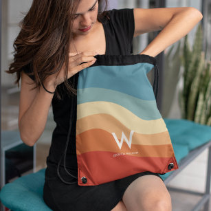 Wavy Retro Striped Monogram Personal Drawstring Bag