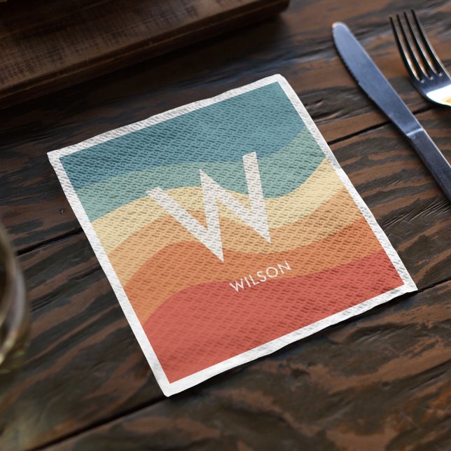 Wavy Retro Striped Monogram Personal Party Napkin (Creator Uploaded)