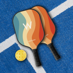 Wavy Retro Striped Monogram Personal Pickleball Paddle
